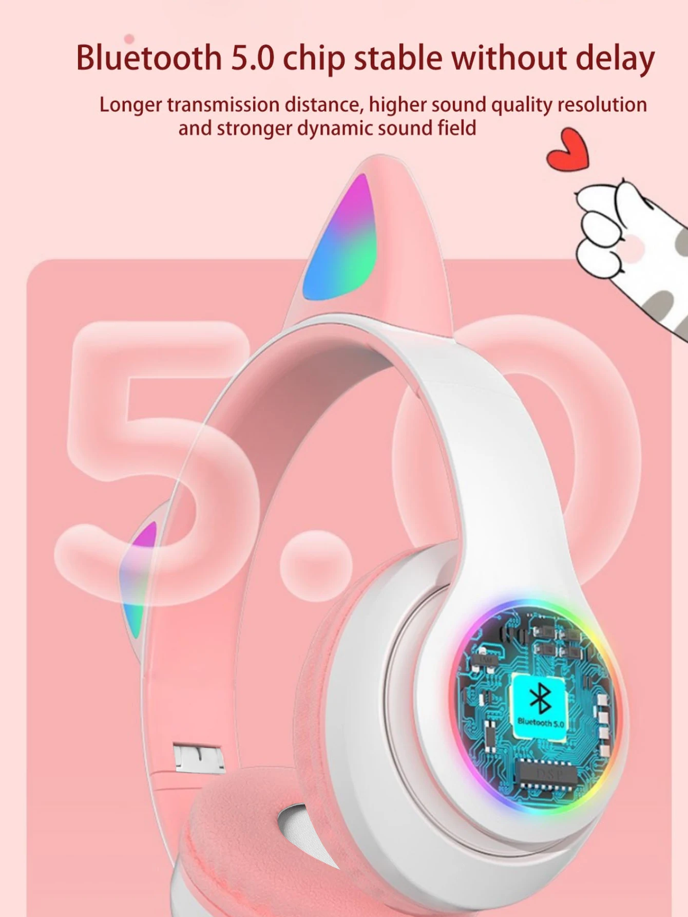 Cute LED Glowing Cat Ear Bluetooth Headphones Long Lasting Battery Deep Bass Foldable Wireless Sports Headset_voghion.com