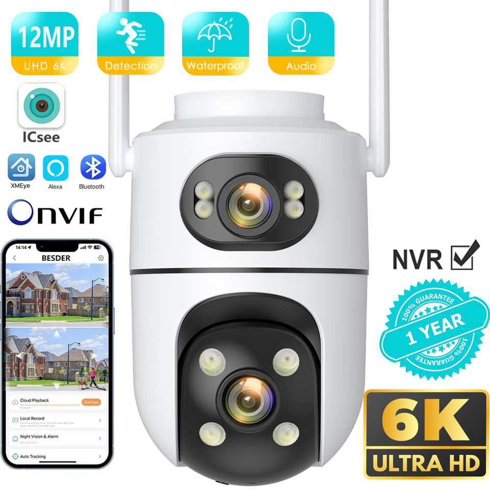 Outdoor Wireless Security IP Camera 6K 12MP HD Dual Lens External Wifi PTZ Camera Auto Tracking Street Surveillance Camera iCsee