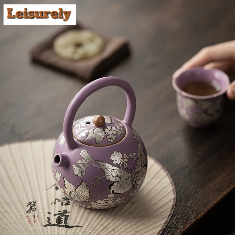 210ml Gilt Silver Butterfly Flower Lifting Handle Teapot Luxury Tea Infuser Pot Tea Brewing Kettle With Ball Hole Teaset Supplie