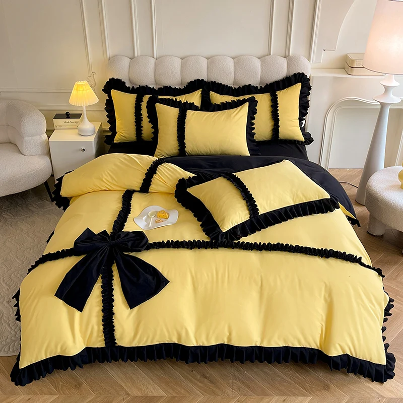 

Korean Princess Lace Ruffles Bedding Set with Bow Decoration, Duvet Cover Set, Bed Sheet, Bed Skirt, Bedspread, Pillowcases