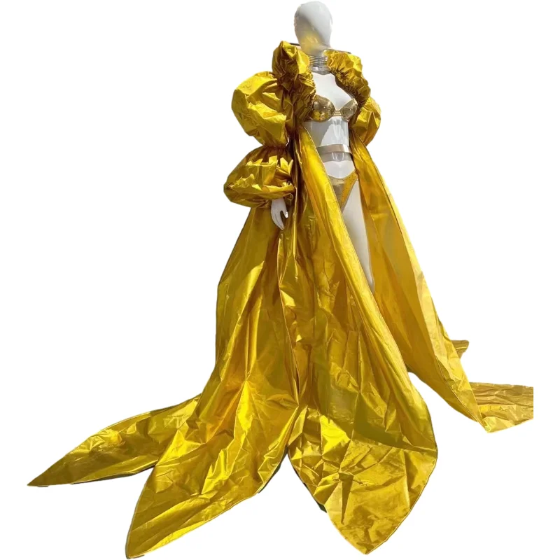 

Women New Gold Bikini Cloak dresses Singer birthday Party Festival Evening Dresses Drag Queen luxury celebrity Costume 5PCS Set
