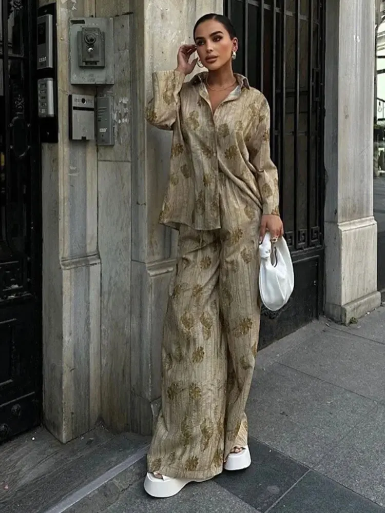 HH Casual Jacquard Shirt Pants Suit Women Lapel Half Sleeve Button Shirts Wide Leg Pant Suits Female Summer Streetwear Set