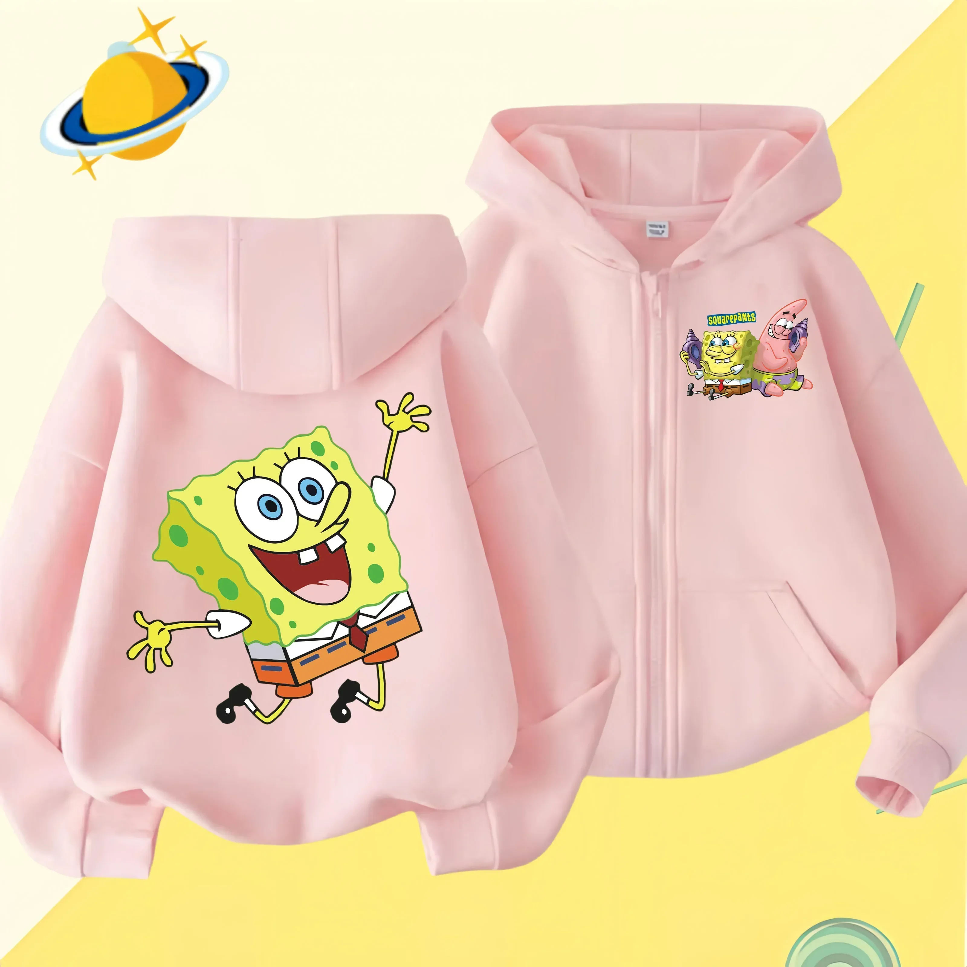 Spongebob Squarepants Zipper hoodie Cartoon Family Sweater for Autumn and Winter Thin or Fleeced Long-Sleeved Hooded Sweatshirt 4