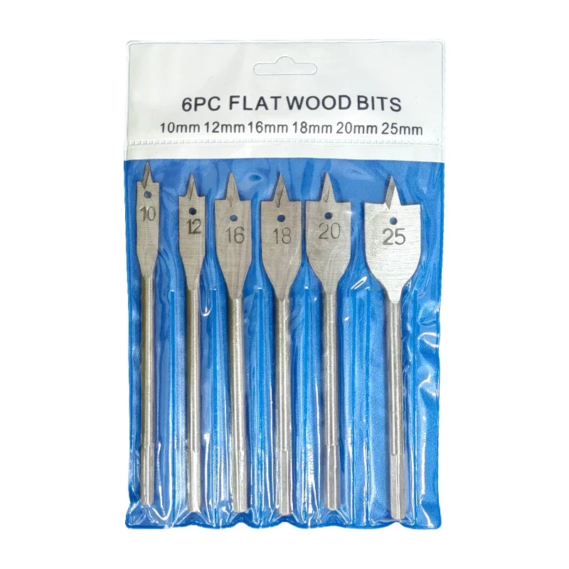 6pc Three Pointed Flat Drill Hexagonal Handle Woodworking Bit Set