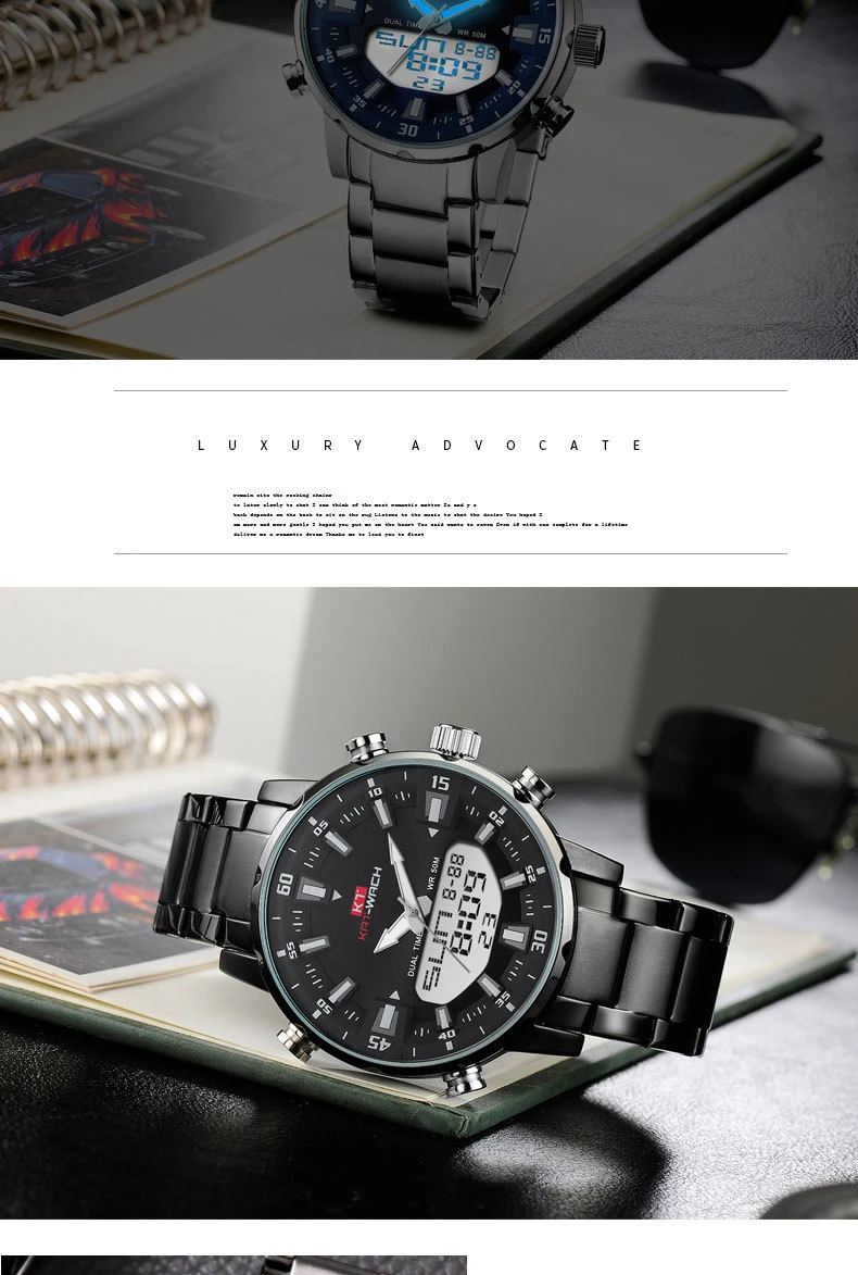 KAT-WACH Top Brand Men Watch Waterproof Sports Digital Watches Men LED Steel Military Quartz Watch For Men Wristwatch Relogio