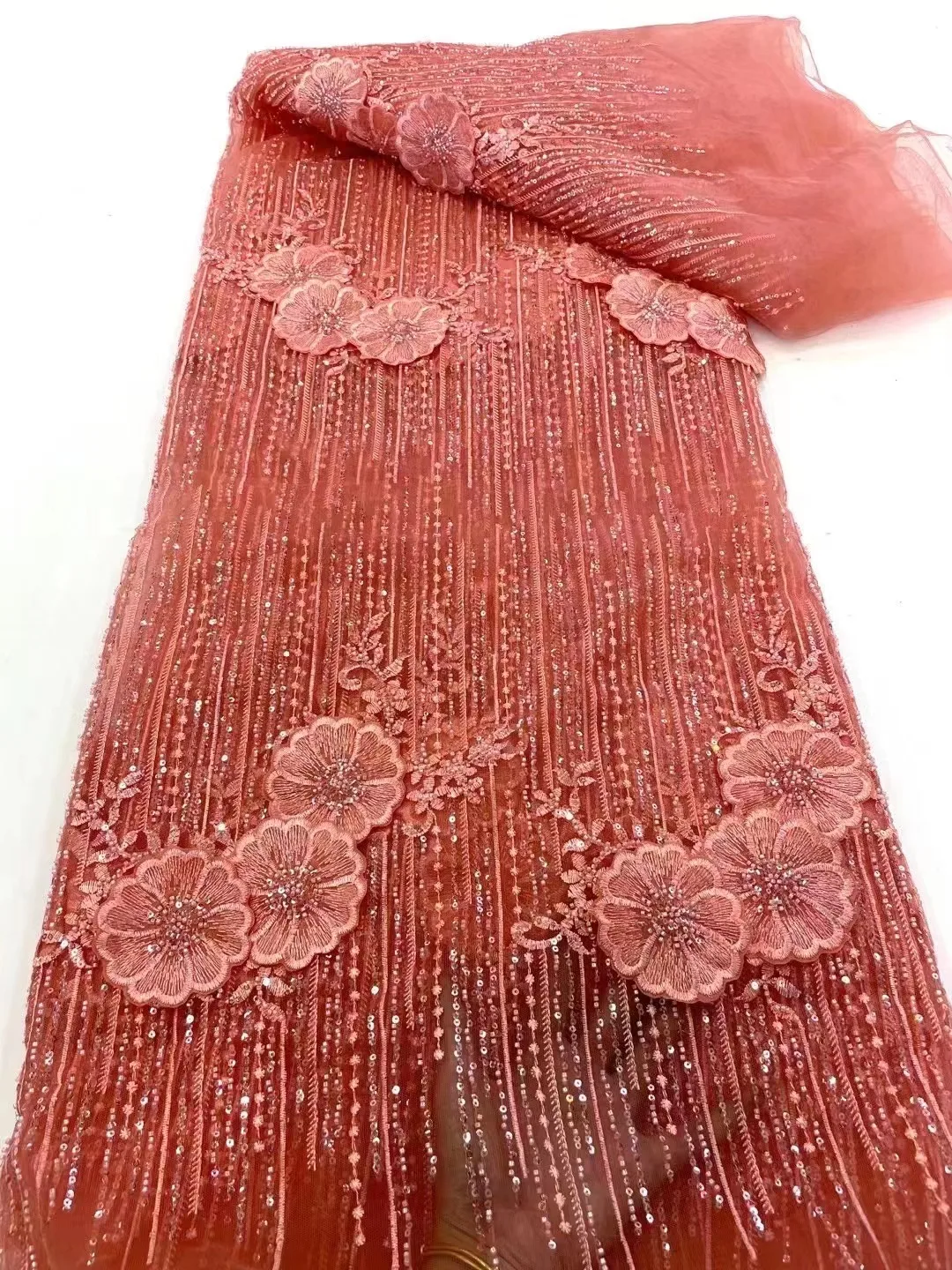 

Orange 2023 Latest High Quality Elegant Embroidery 3D Flower Lace Fabric African Nigeria Beaded Fabric Wedding Dress