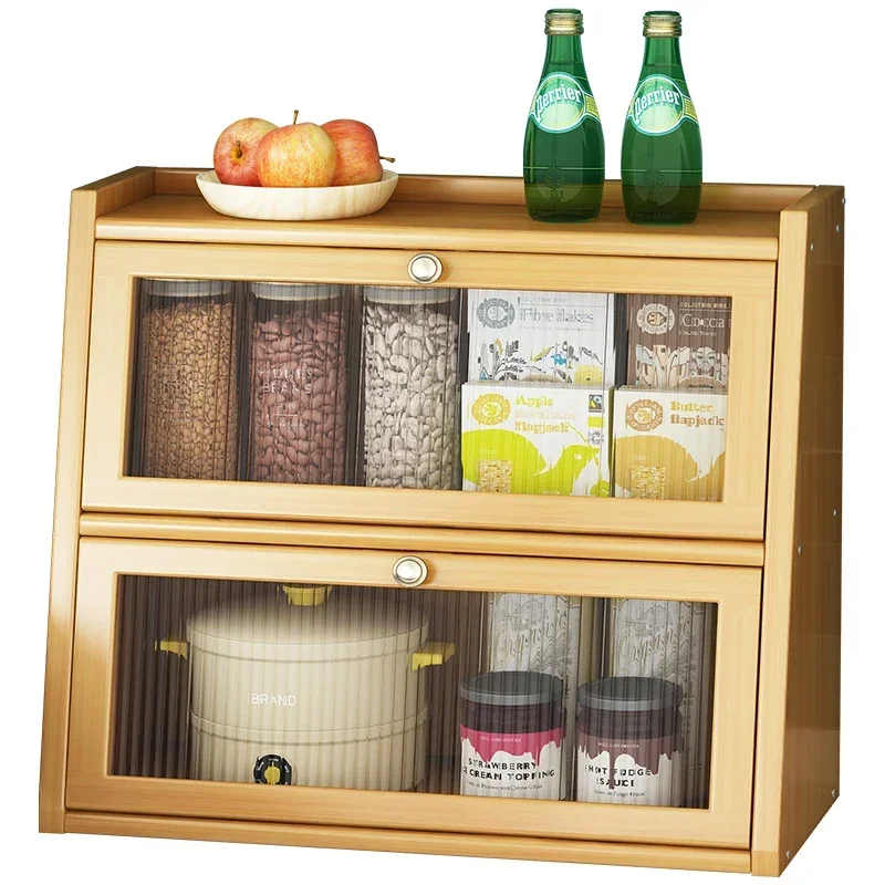 Bamboo Kitchen Storage Cabinet Acrylic Door Tableware Rack Desktop Storage Organizer with Drawers Dish Display Cabinet