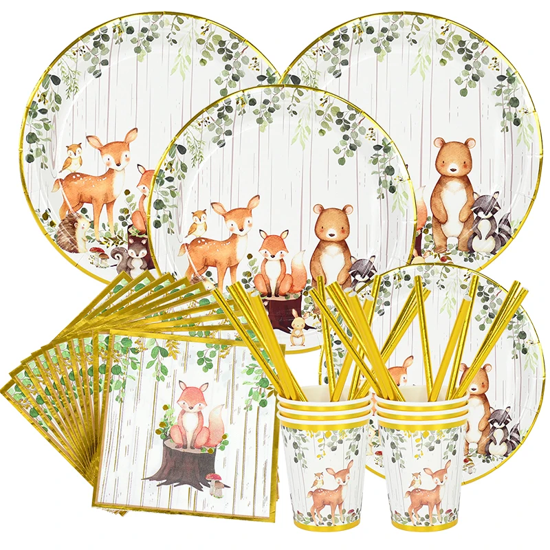 

Jungle Animal Fox Sika Deer Disposable Tableware Birthday Party Decoration Forest Safari Theme Birthday Baby Shower Supplies