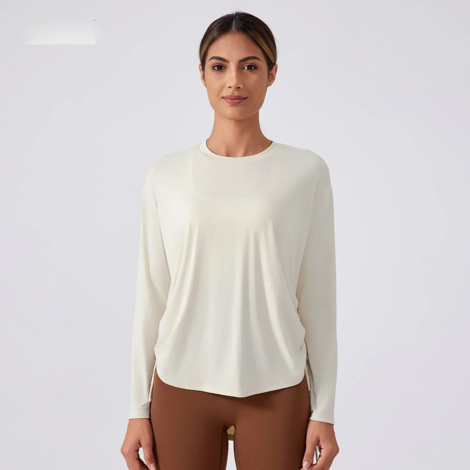 Lemon Breathable Quick-drying Yoga Tops Drawstring Pleated TEE Loose Comfortable Round Neck Outdoor Sports Long-sleeved Shirt 3