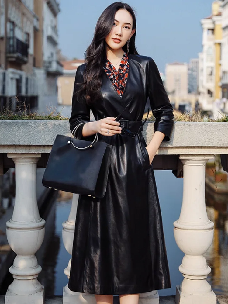 Autumn New Women V Neck Belted Slim Fit Genuine Leather Trench Coat Elegant Office Ladies Windbreaker Real Sheepskin Long Jacket