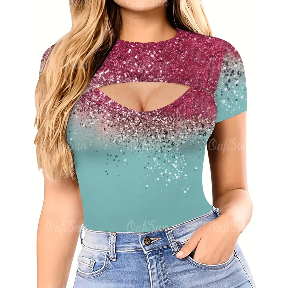 

Sexy Spice Girl T-Shirt Summer O-Neck Cutout Tops Sequin Print Pullovers Short Sleeve Women Tops Tees Fashion Woman Clothing
