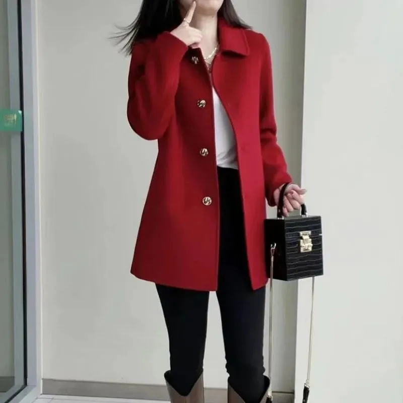 

High-End Mid Length Red Black Woolen Jacket 2024 NEW Womoen's Spring Autumn Leisure Woolen Blend Coat Tops Female Outerwear