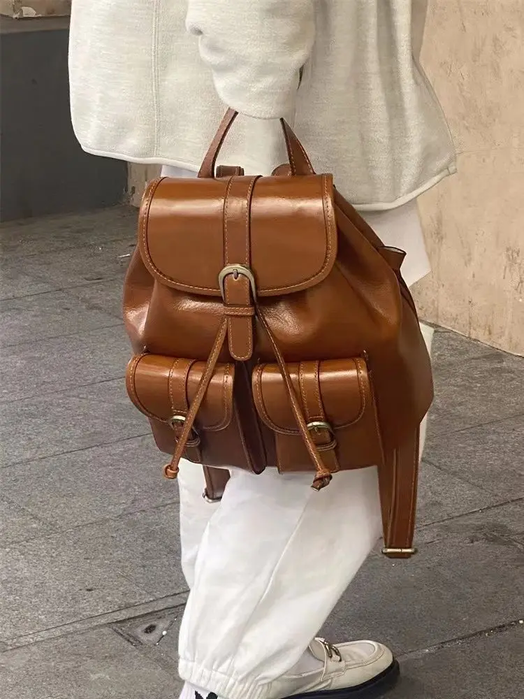 JIAERDI Vintage Brown Backpacks Women Retro Harajuku Pu Leather Chic Solid Y2k Backpack Female Harajuku Mini Mochila Aesthetic