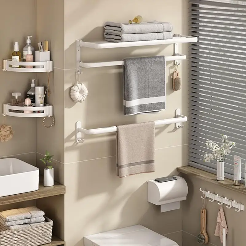 Aluminum White Towel Rack Foldable Holder With Fixed Hook Wall Mount Shelf Shower Bar Hanger Rail Bathroom Accessories