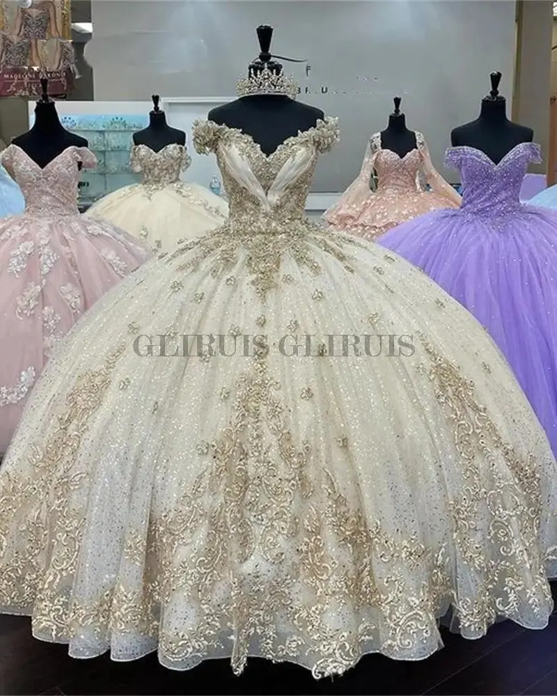 

Champagne Off The Shoulder Ball Gown Beaded Appliques Quinceanera Dresses Princess Sweet 16 Vestidos De 15 Anos