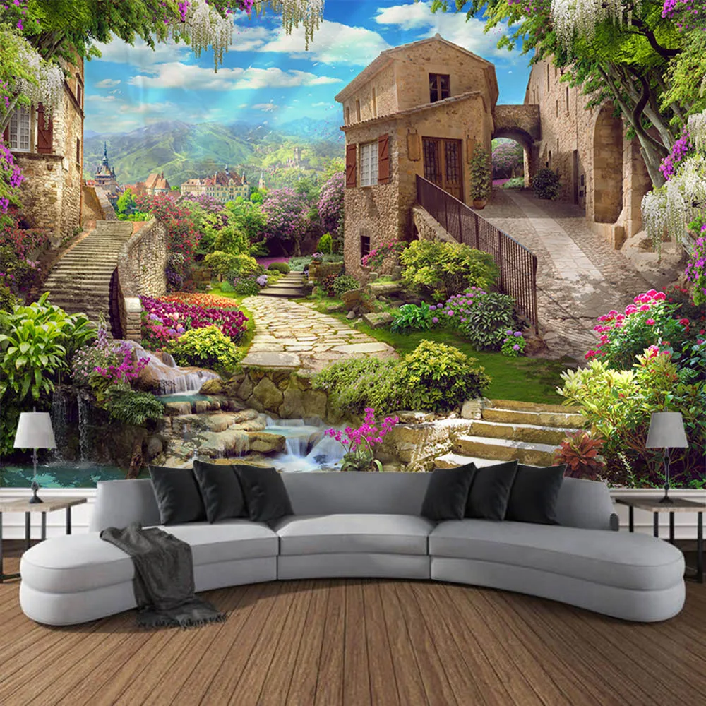 Garden Landscape Tapestry Home Art Decoration Wall Mounted Fairy Tale Posters Fantasy Sea View Room Background Cloth Tapestry Decor