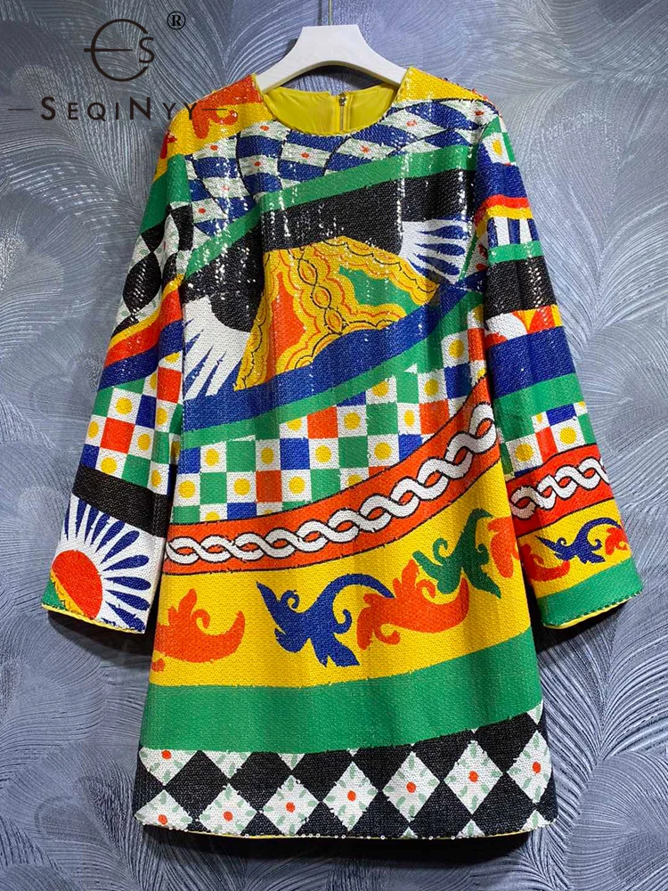 

SEQINYY Elegant Mini Dress Spring New Fashion Design Women Runway High Quality Sequined Vintage Plaid Flower Sicily Print