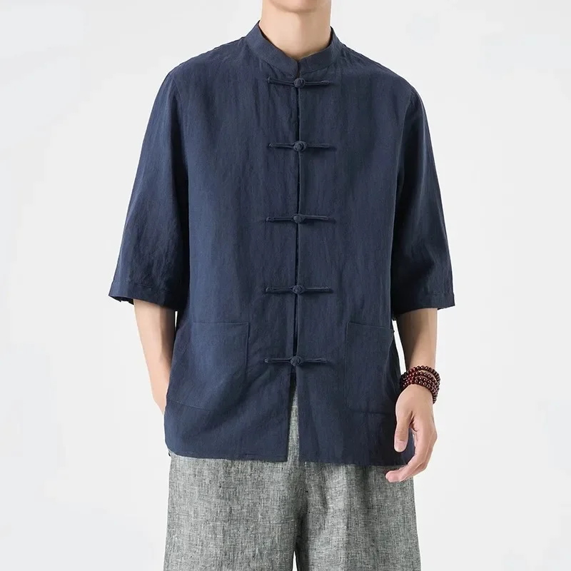 

Men's Cotton and Linen Shirt Solid Color Jacket Chinese Traditional Tang Jacket Long-sleeved Kung Fu Tai Chi Clothing
