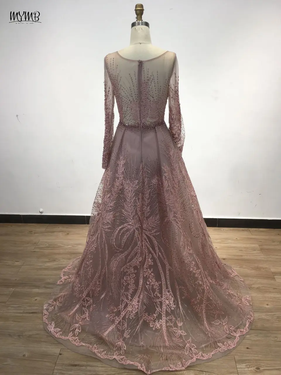 MYMB Rosa U-Ausschnitt Perlen Spitze Formelles Anlasskleid für Frauen Party Modest Lange Ärmel Meerjungfrau Abend Ballkleider DSTL5825 – Detail 5
