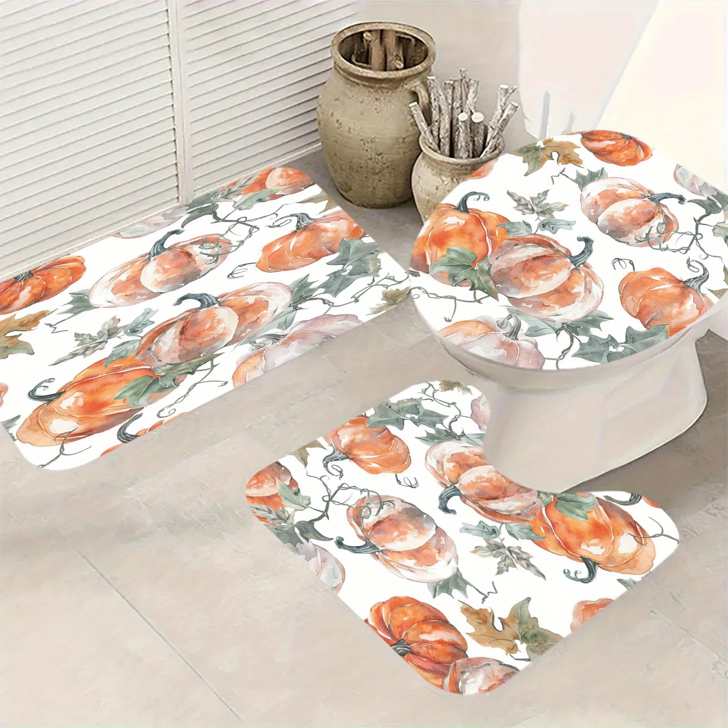 골드 호박 프린트 3팩 - 미끄럼 방지 매트, U자형 매트, 변기 커버 - 폴리에스테르 원단, 세탁기 사용 가능