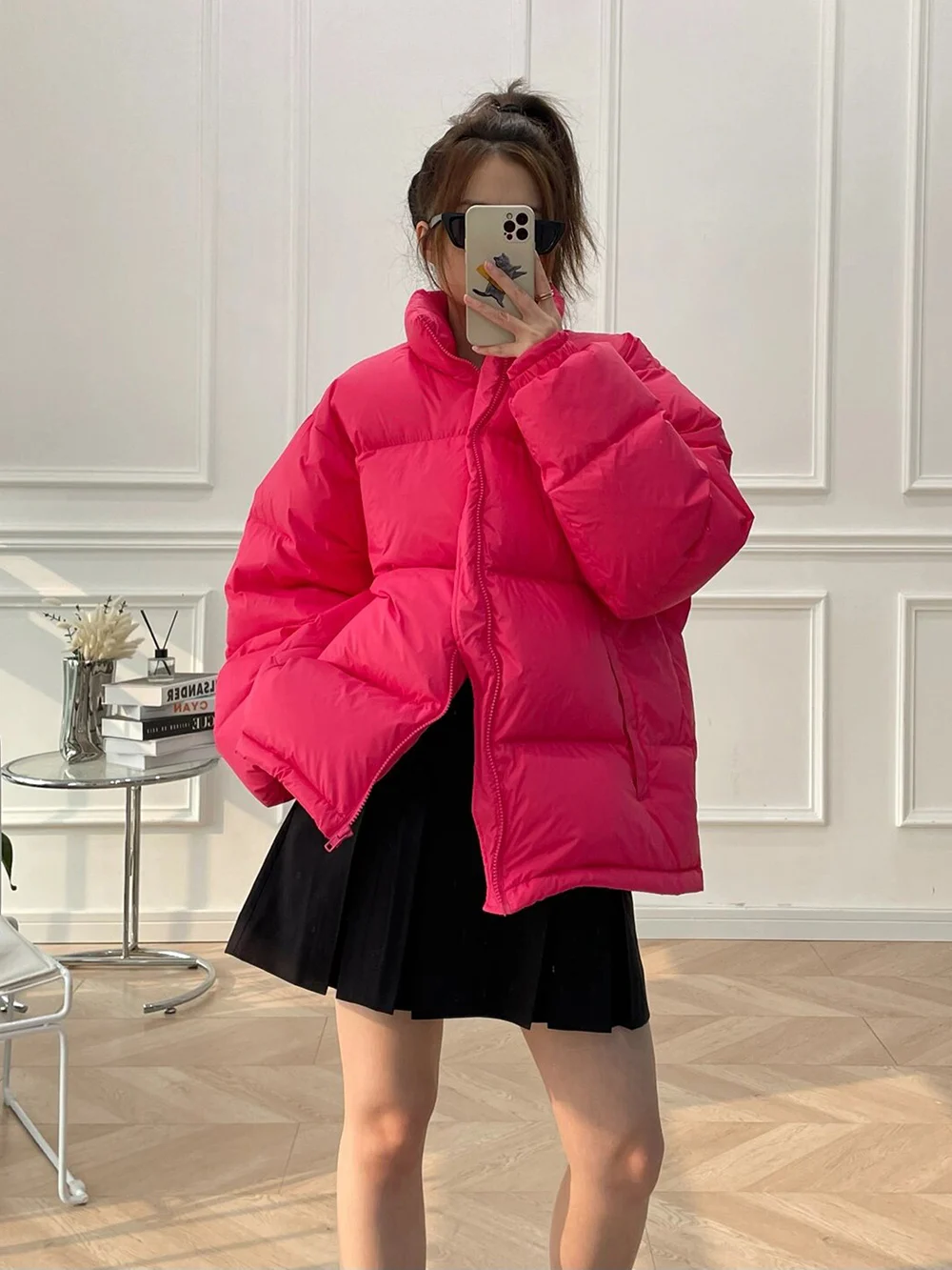 Women Stand Collar Down Jacket, Long-Sleeve Casual Duck Down Coat Lady, Warm Fashion Streetwear Clothing, Black/Blue/Red, Winter