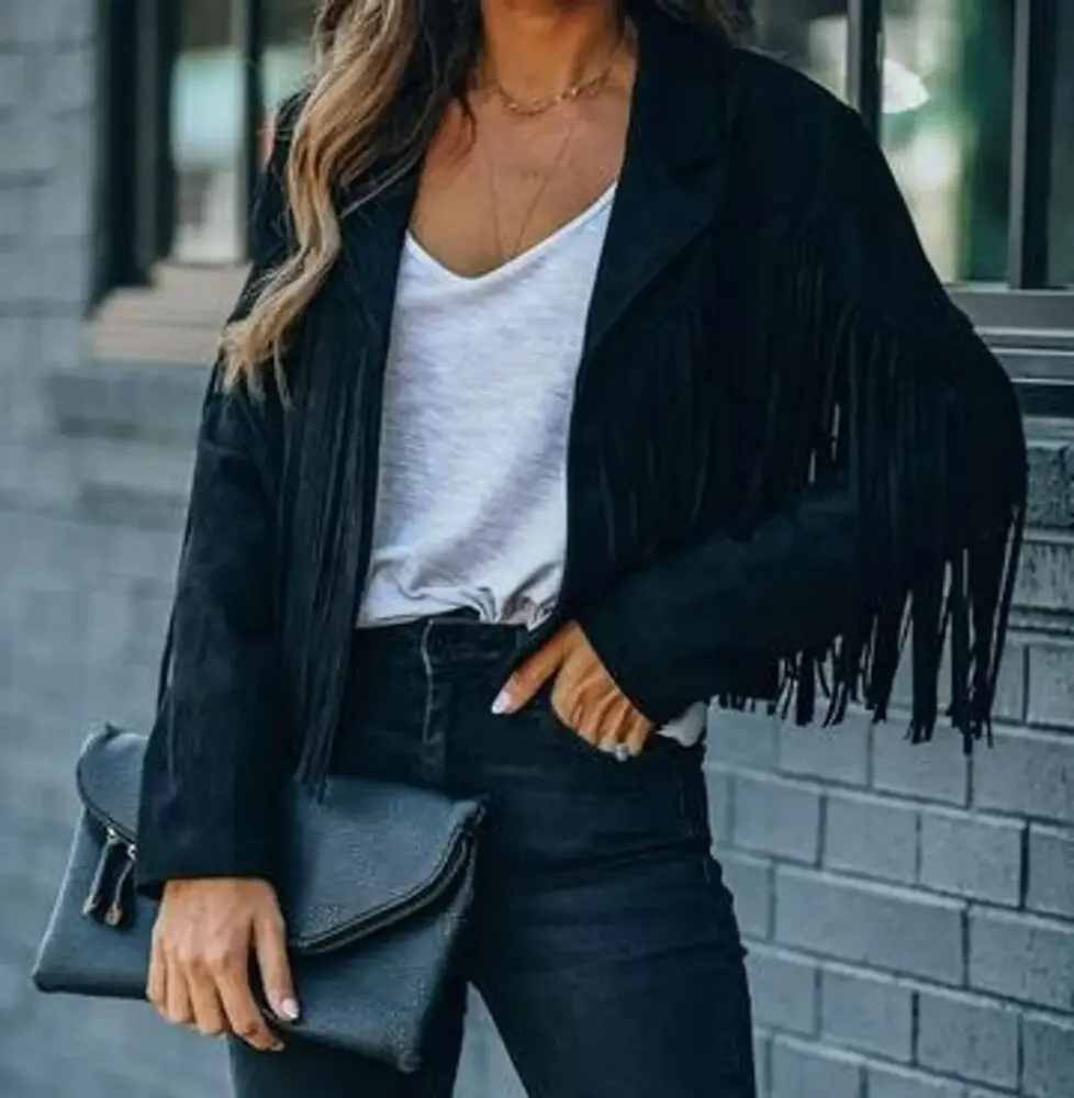 Women Black Jacket 100% Genuine Pure Soft Suede Leather Fringe Coat