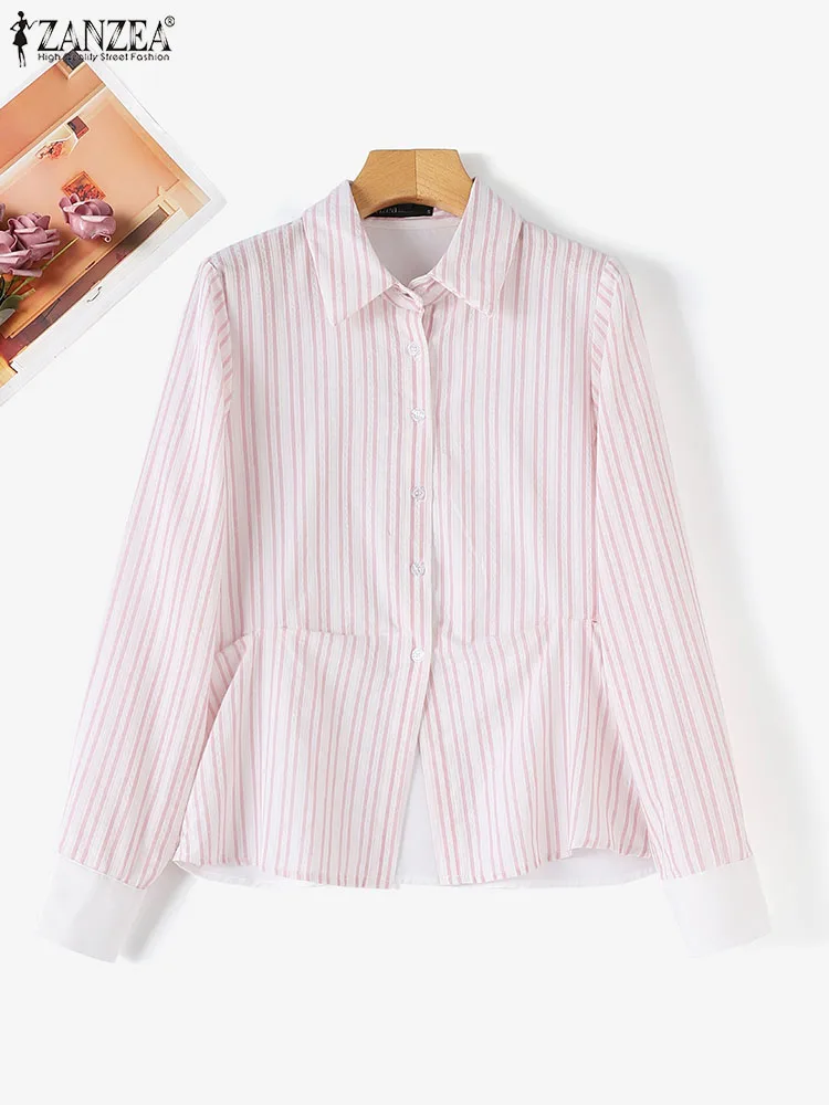 

Женские Модные хлопковые рубашки ZANZEA, винтажные полосатые топы с длинным рукавом, 2024, Весенняя блузка с поясом, повседневные блузы с лацканами