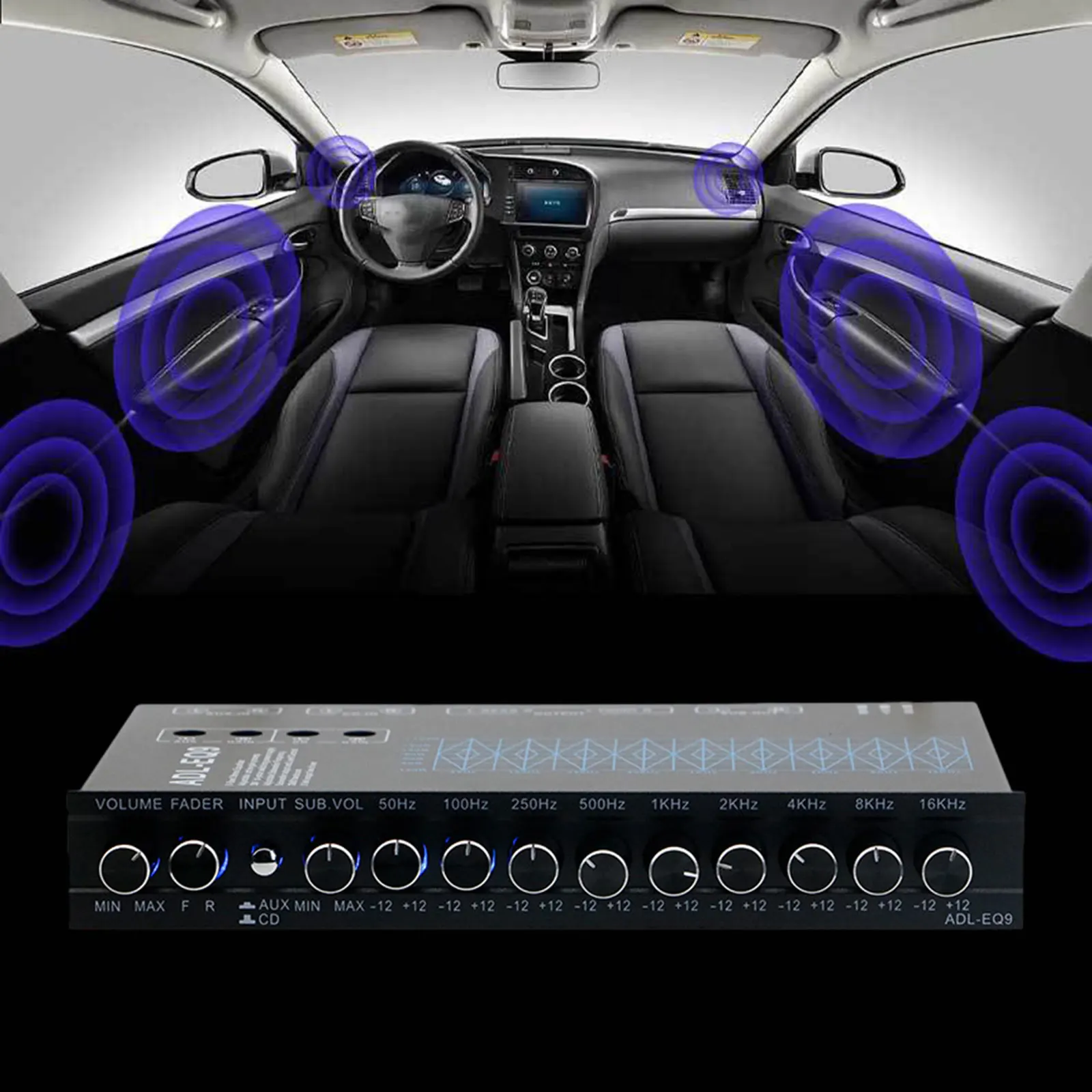 Car audio equalizer Car Audio Equalizer 9 Equalization Bands EQ 12V DC DSP Chip Adjustable for Boat RV Car Metal Subwoofer Output