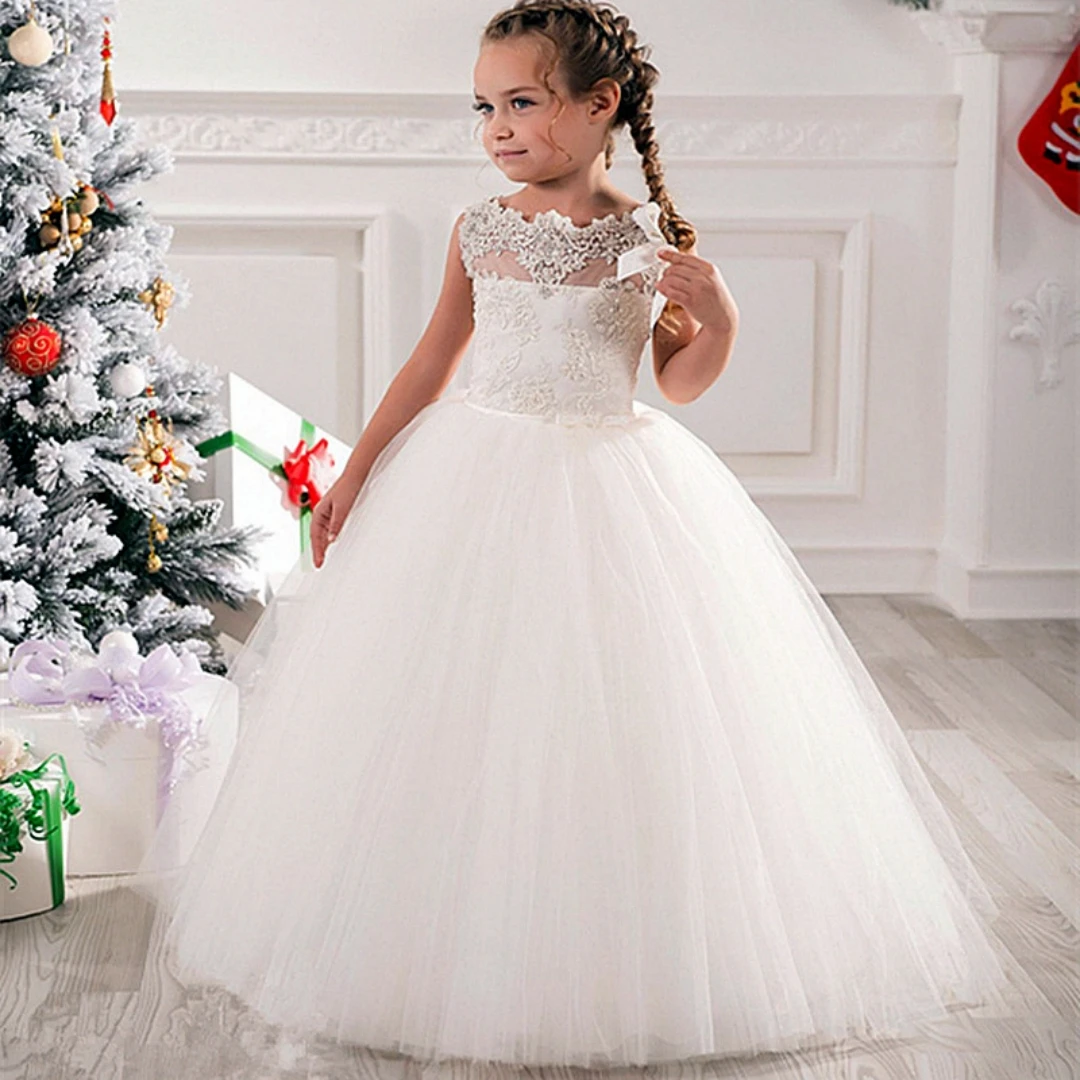 

Beaded Ball Gown Girls Pageant Dresses Straps Princess Flower Girl Dress Sequined Satin Appliqued