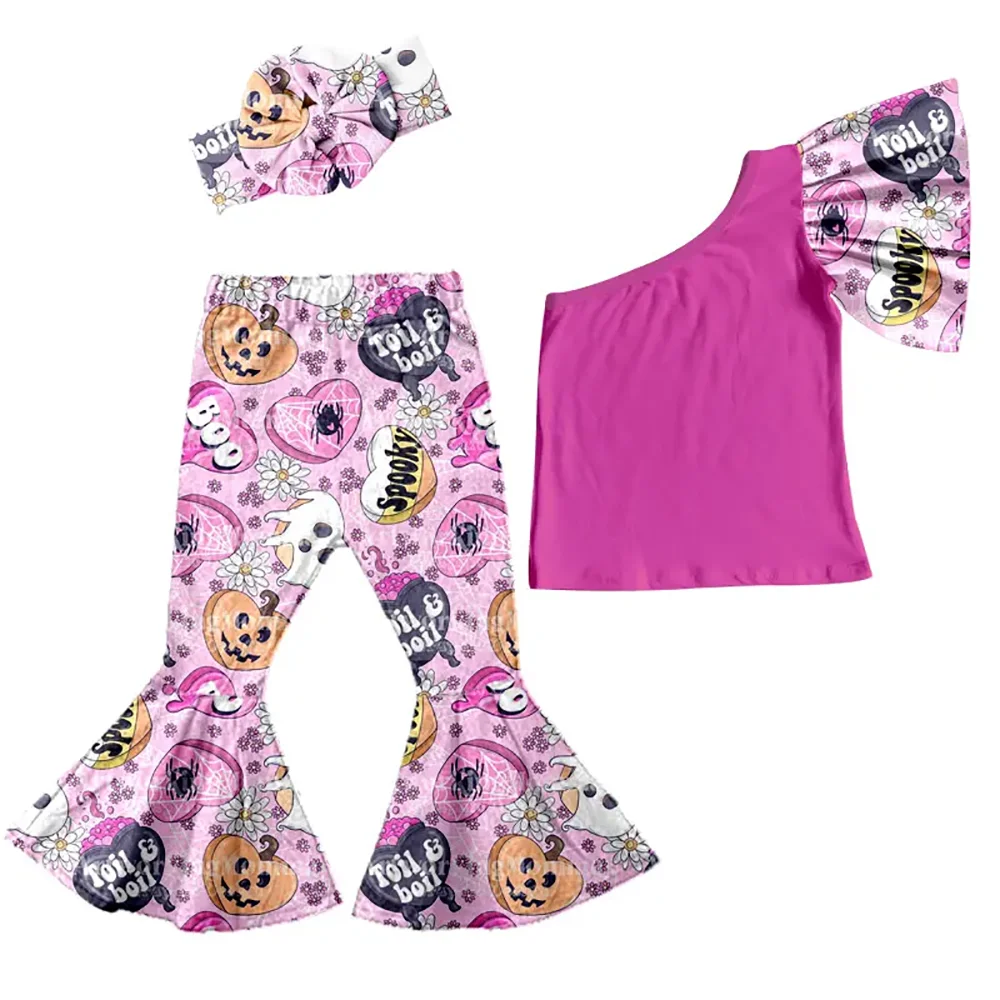 

Girls Halloween Outfits Cute pumpkin Printed Tops Bell Bottom Pants 2 Pieces Sets Child Clothes Wholesale