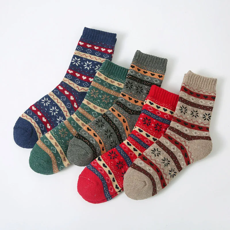 

2023 Winter Women's Thickened Warmth Loop Socks Retro Ethnic Style High Quality Warmth Medium Tube Wool Socks 5 Pairs EU 35-40