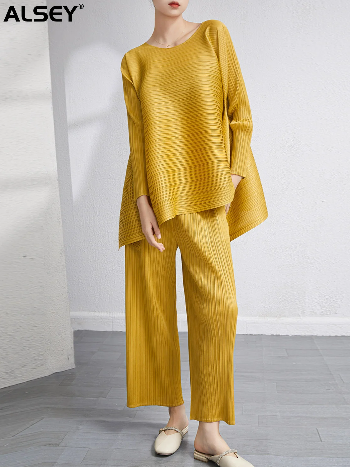 

Брюки ALSEY Miyake плиссированные однотонные, дизайнерский однобортный топ и брюки с эластичным поясом, повседневные комплекты, весна