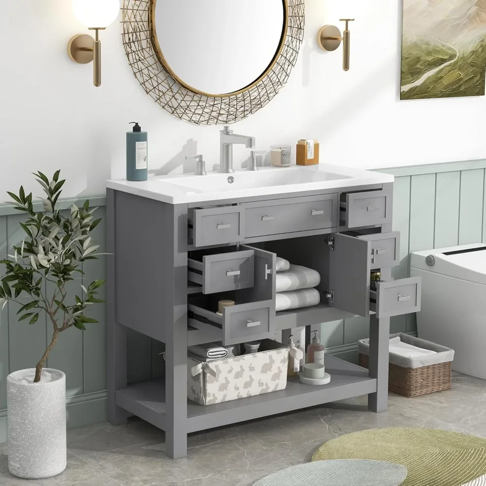 36" Bathroom Vanity with Sink, Bathroom Storage Cabinet with Soft Closing Doors and 6 Dovetail Drawers, Modern Vanities