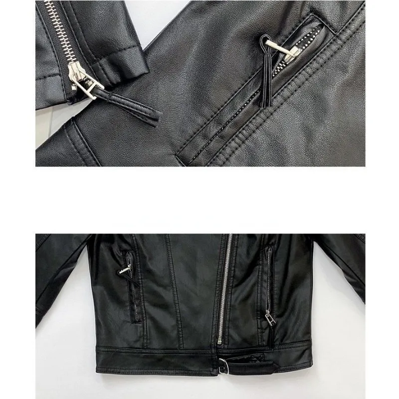 Leather Jacket Women Zipper Motorcycle Jacket Streetwear PU Leather Coat Belt Short Tops Stand-up Collar Black Outerwear Korean