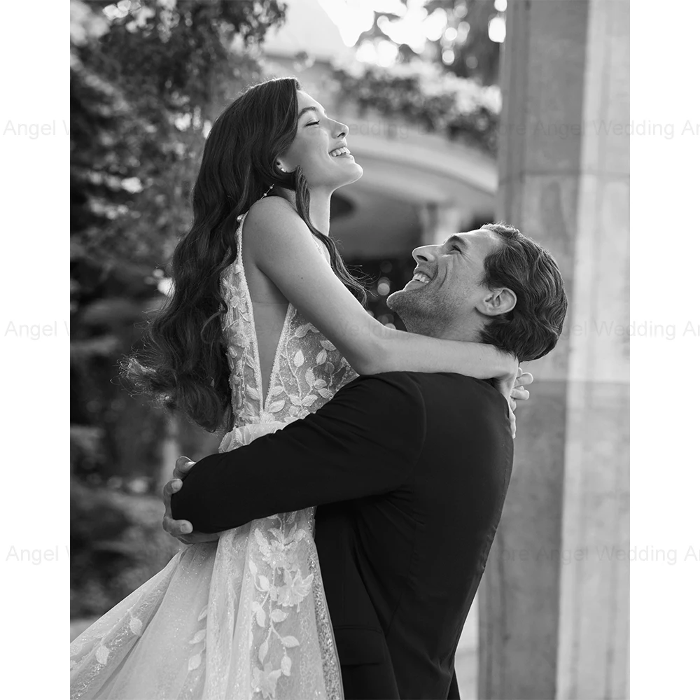 ANGEL Sparkle Backless Wedding Dresses 2024 Sleeveless A-Line V-Neck Bridal Gowns Leaf Appliques Tulle Zipper Vestidos de Novia 3