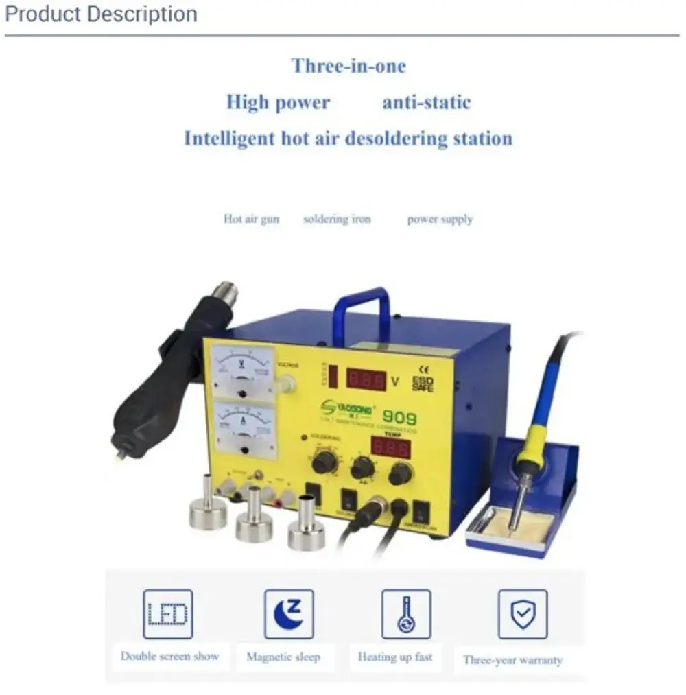 

909 Hot Air Gun Soldering Station Stabilized Power Supply 15V Iron Three In One Digital Display Constant Temperature Desoldering