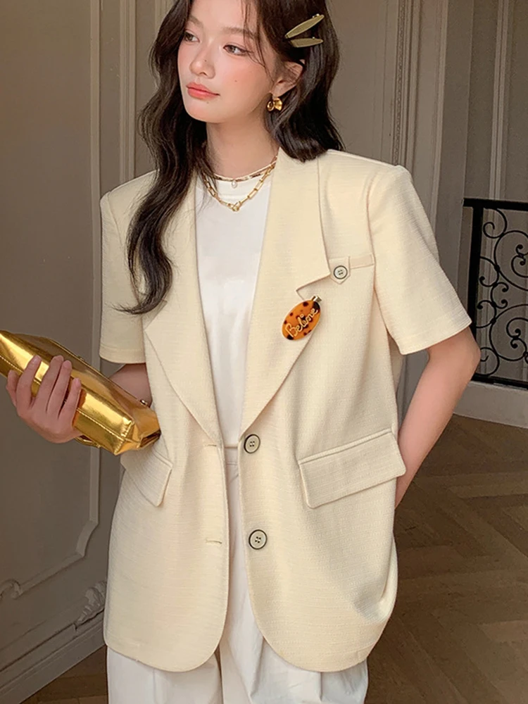 BZVW Minimalism Short Sleeve Blazers For Women Single Breasted Loose Jackets Fashion Coats Yellow 2024 Summer New 25X4083