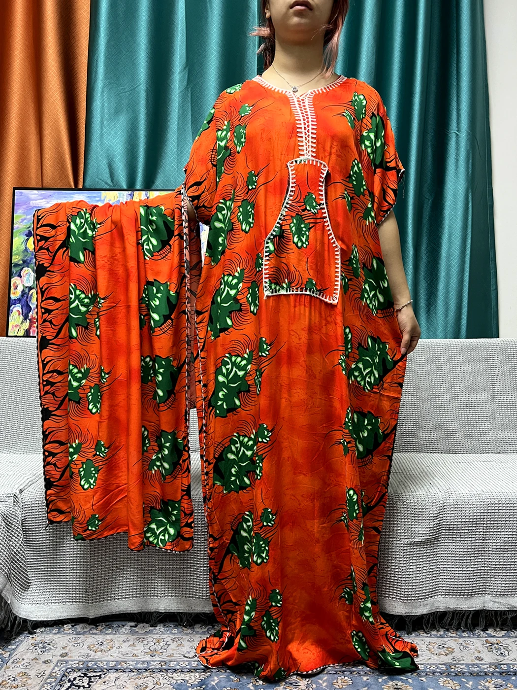 Abayas For Women's Prayer Garment Traditional Printed Floral Cotton Boubou Loose Femme Robe African Islam Dresses 160x70cm Scarf