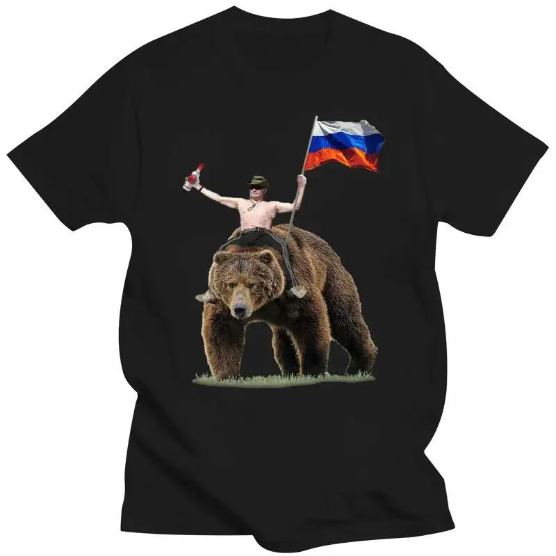Camiseta negra rusa para hombre, ropa de moda, oso PuteVodka, Vladi Patins On Bear, Rusia