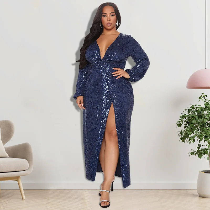 

WUHE Shiny Sequined Plus Size Dresses Women Sexy Deep V-neck High Split Long Sleeve Fashion Party Dress Lady Large Size Dress
