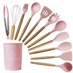 12-Piece Silicone Non-Stick Kitchen Utensil Set with Wooden Handles (Pink 12Pcs)