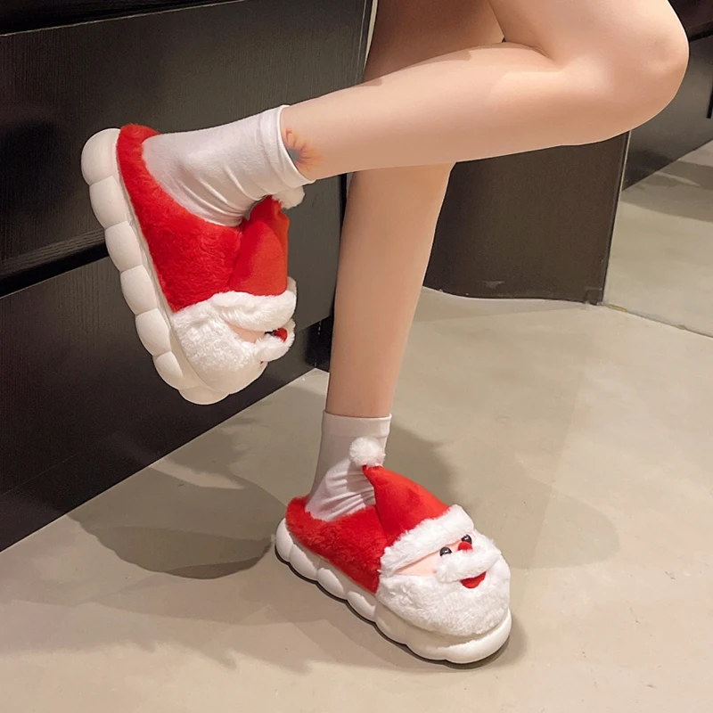 Thick Sole Fluffy Christmas Slippers Women Autumn Winter Thicken Plush Warm Cotton Slippers Woman Anti Slip Home Plush Slides