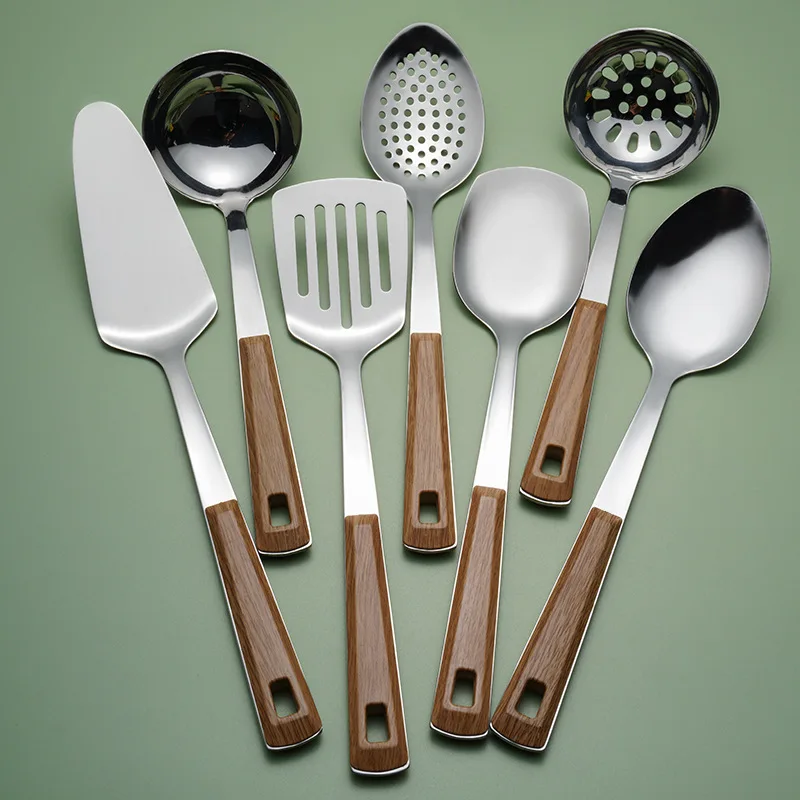 Kitchen Utensils Stainless Steel Cooking Tool Set Wooden Handle Spatula Soup Spoon Restaurant Frying Sharp Shovel Colander Kitchen Utensils