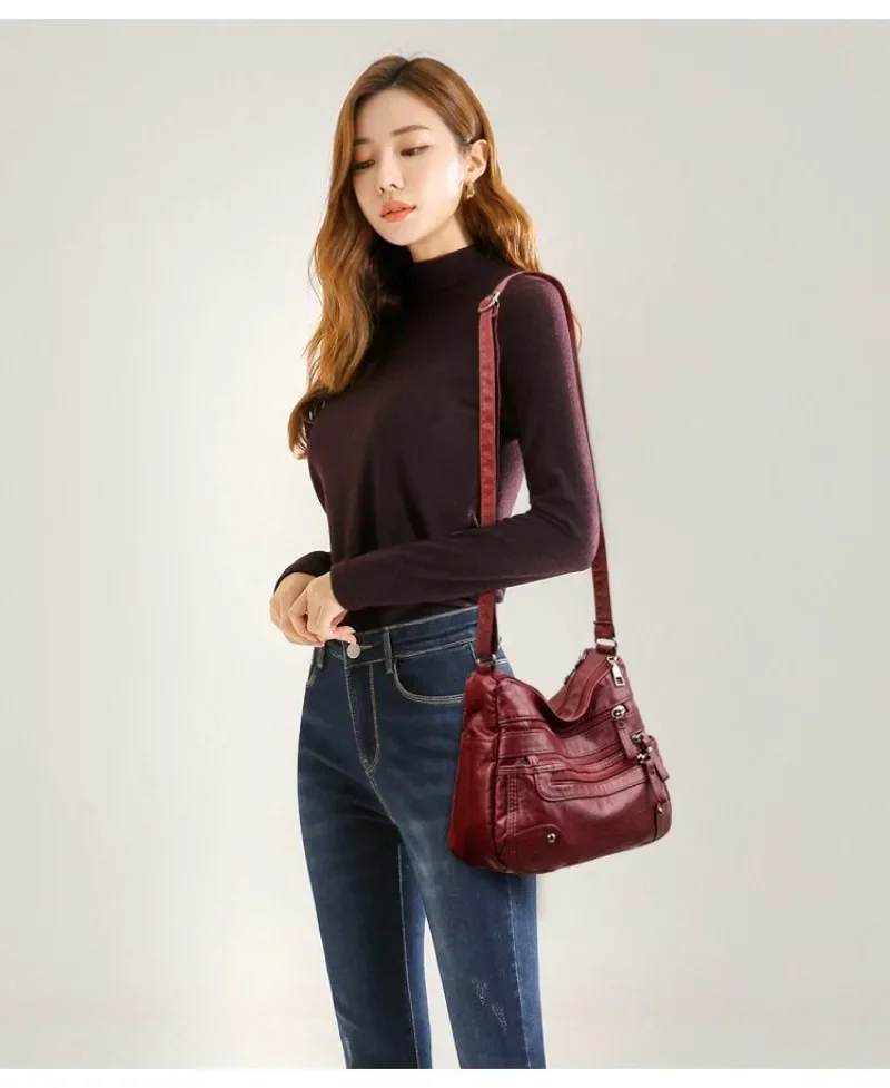 Soft Leather Shoulder Bag - Women's Crossbody Double Layered Large Capacity Tote