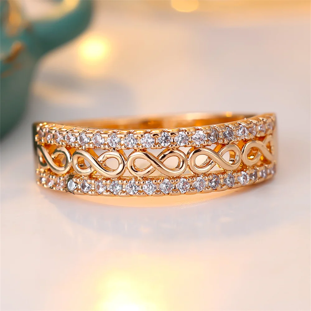 White Zircon 8 Shaped Infinity Rings For Women Vintage Gold Color Engagement Bands Wedding Jewelry Bridal Valentine's Day Gifts