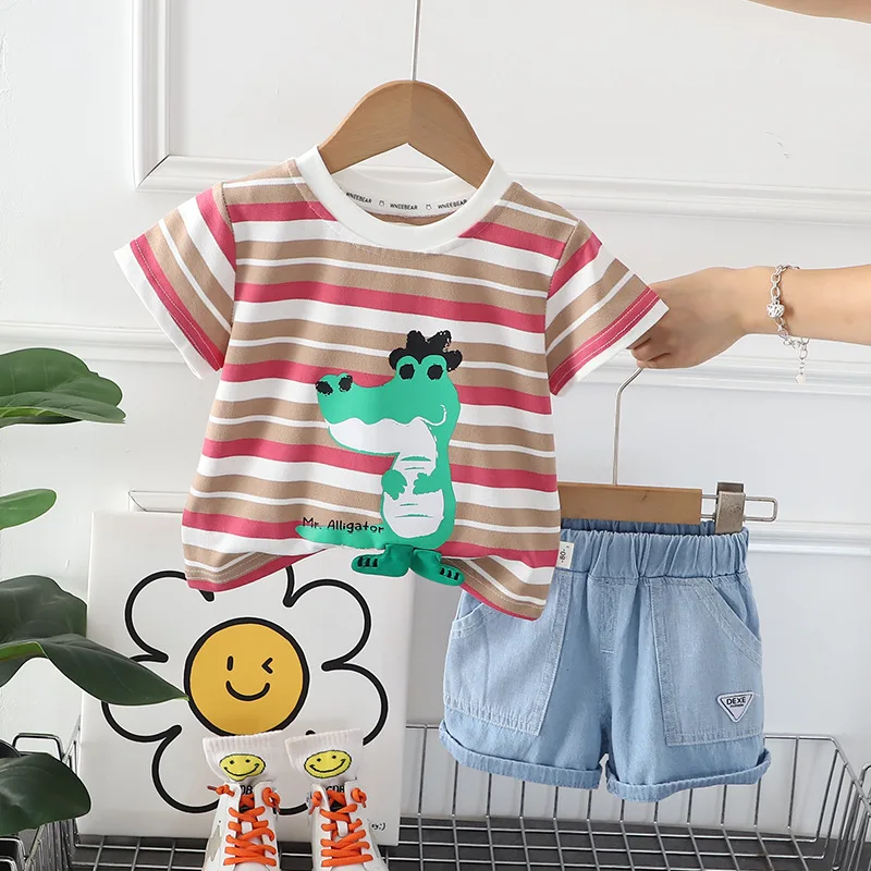

Kids Summer Sets 2024 Baby Boy Clothes 9 To 12 Months Cartoon Animal Striped Short Sleeve T-shirts and Shorts Childrens Clothing