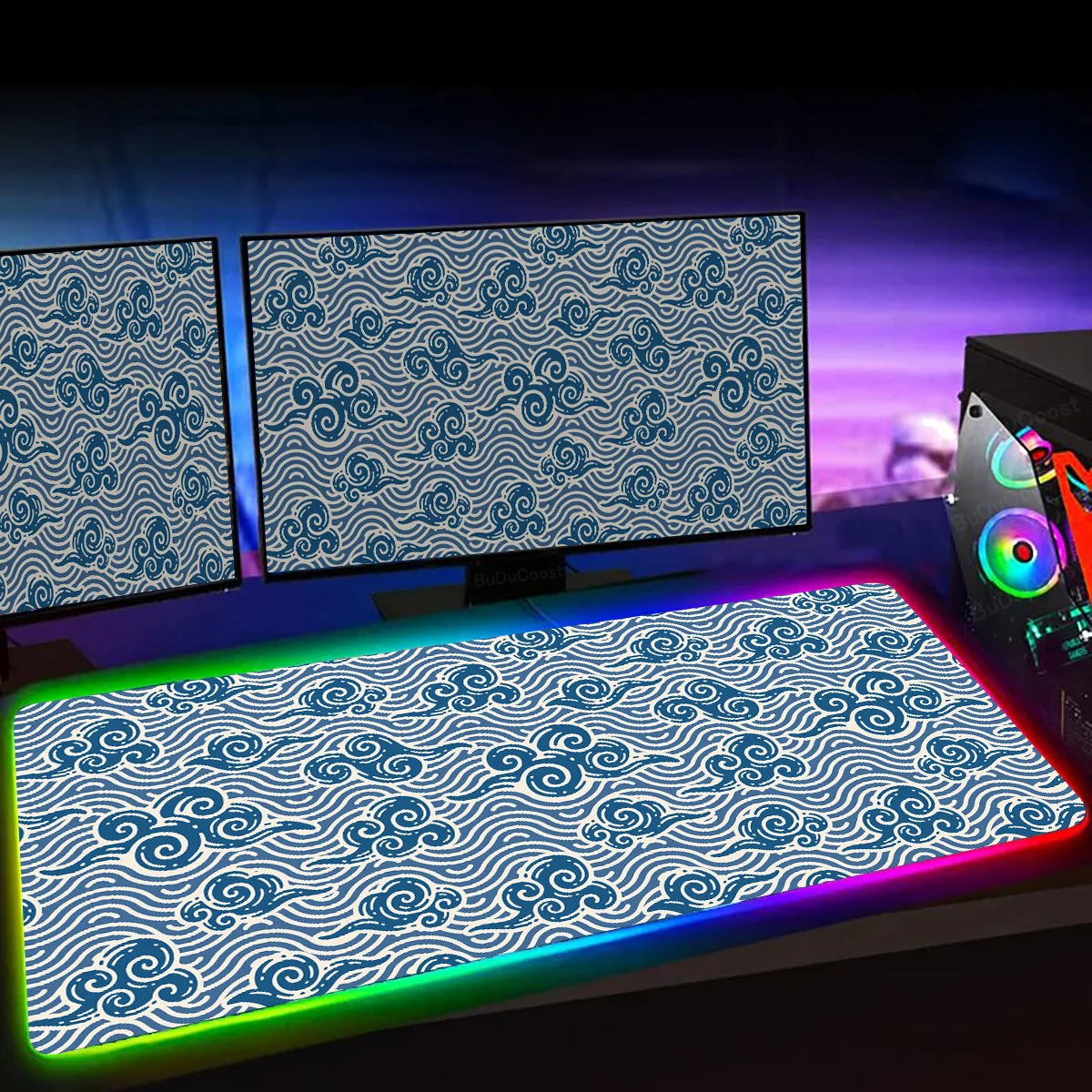 Colorful Glow RGB Mousepad with LED Backlight - Black & Red Cloud Kawaii Non-slip Desk Mat 40x90cm