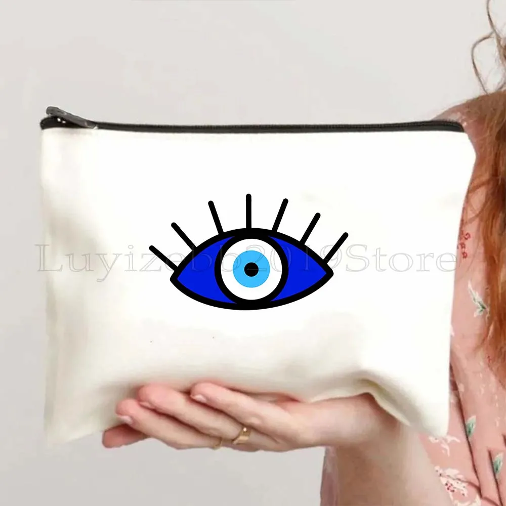 Colorful Blue Evil Eye Charm Nazar Amulet Love Heart GREECE Boho Mandala Canvas Bag Cosmetic Makeup Bag Pencil Case Zipper Pouch 2