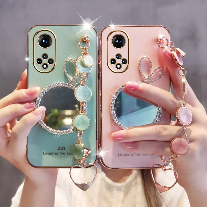 Bump Rabbit Ears Mirror Case Per Honor 70 X7 X8 5G X9 X9A 50 Huawei Nova 10Se 10 9 Texture Crostacei Bracciale Placcatura Cover