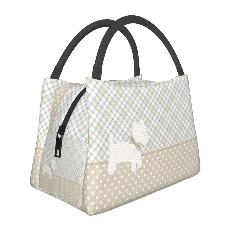 

Мультяшные Westie тартан и горошек Изолированные сумки для обеда West Highland White Terrier Dog Resuable Cooler Thermal Bento Box для женщин